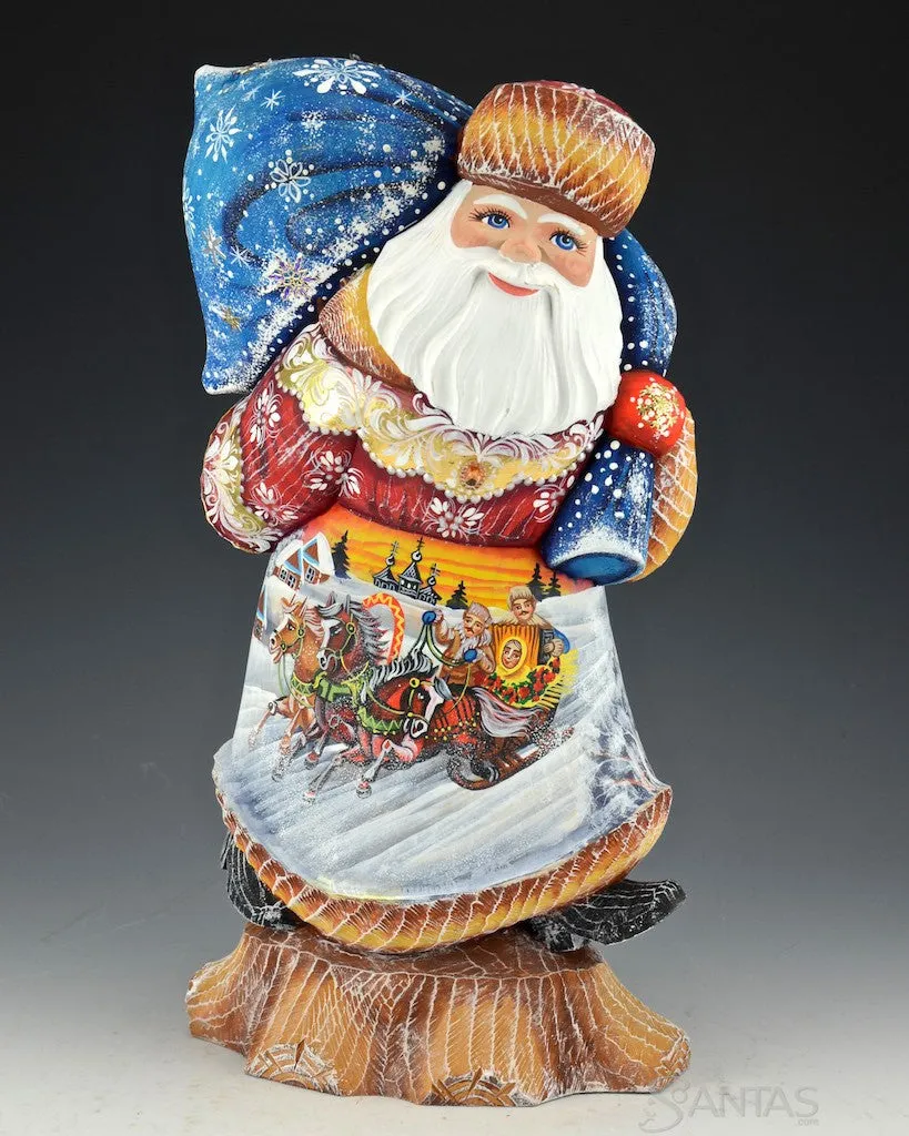 13 inch Russian Santa on Stump with Two Troika Scenes