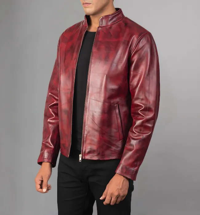 Alex Distressed Burgundy Leather Jacket