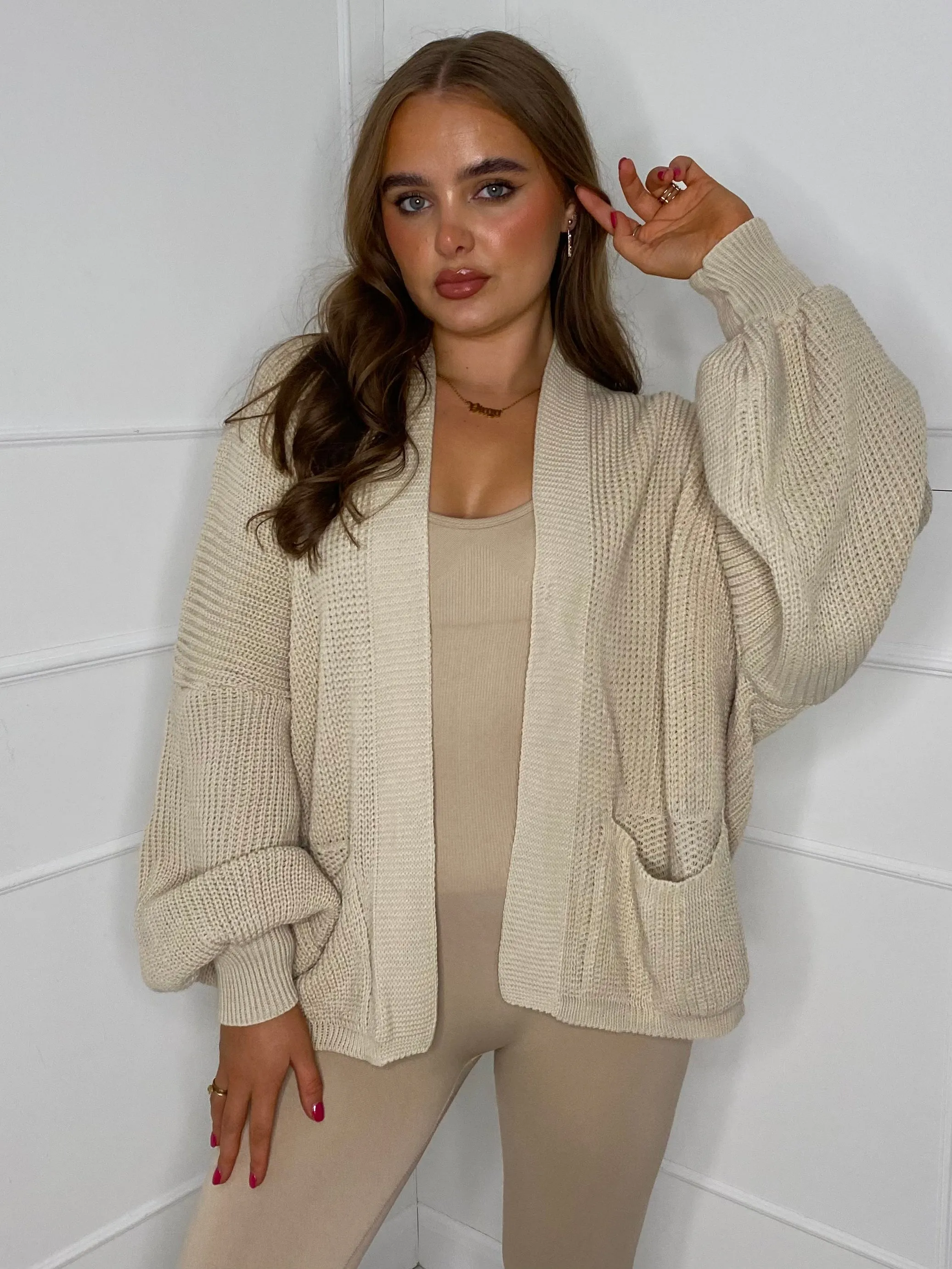 Balloon Sleeve Knitted Cardigan - Cream