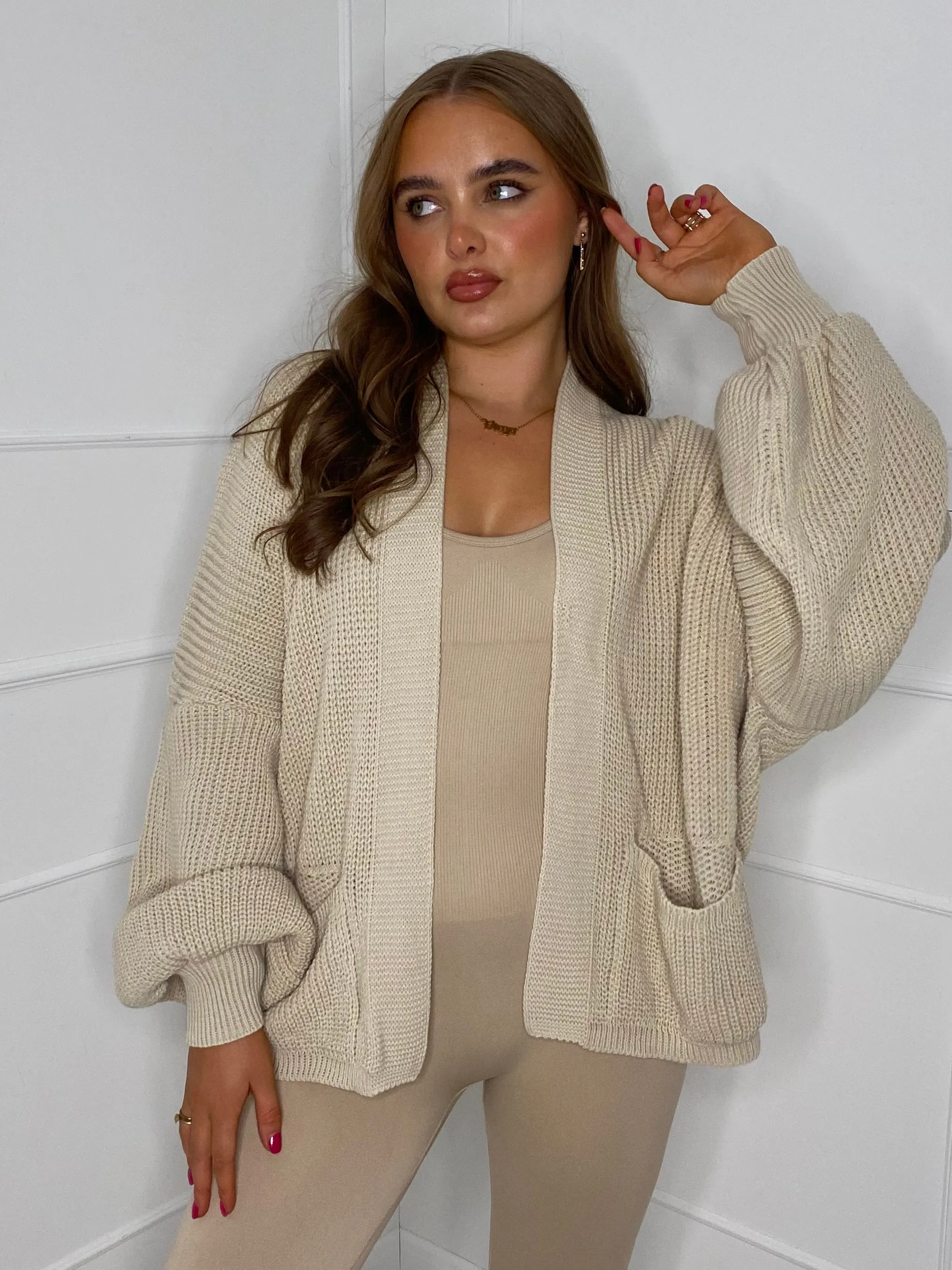 Balloon Sleeve Knitted Cardigan - Cream