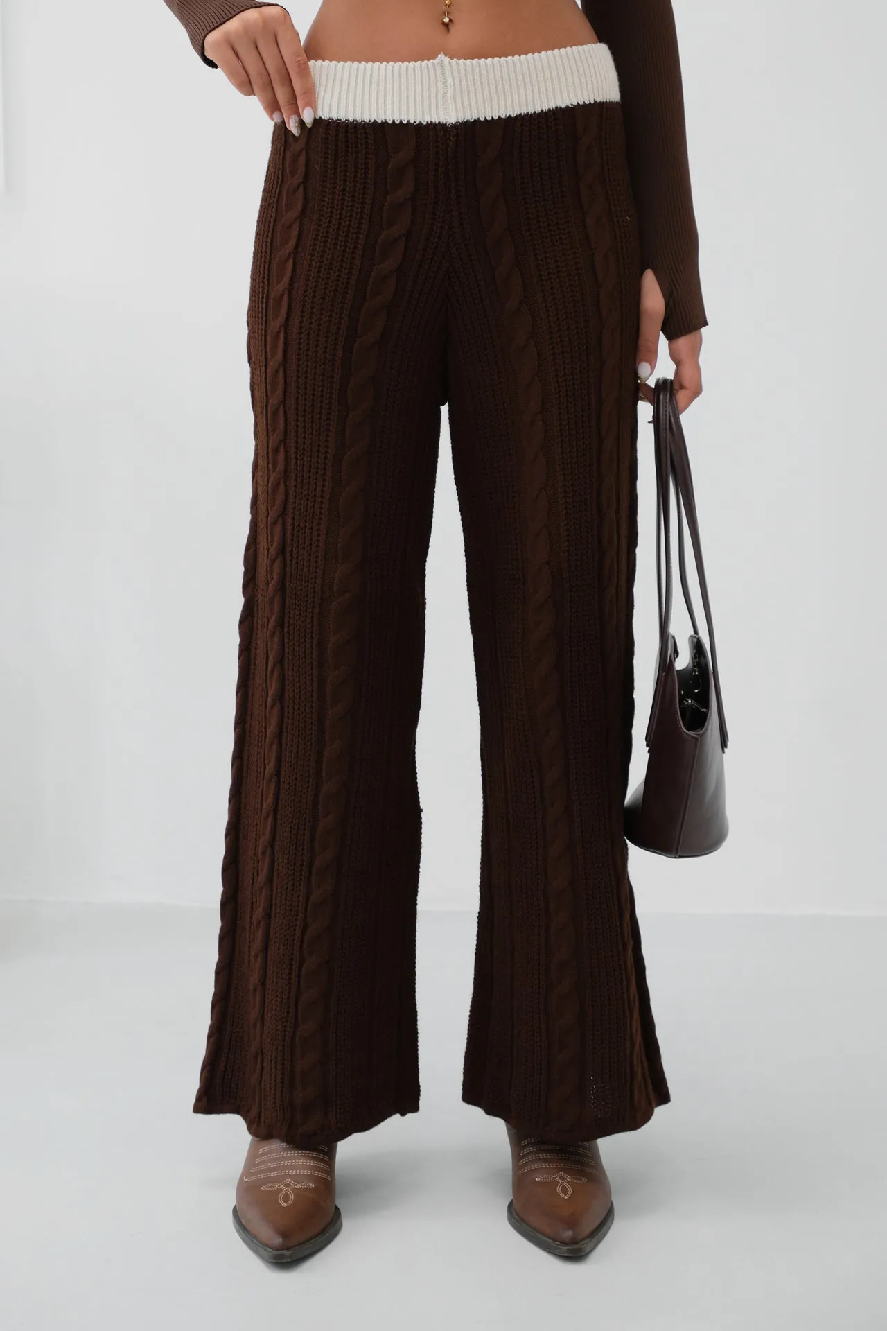 Belt Detail Wide Leg Knitted Trousers