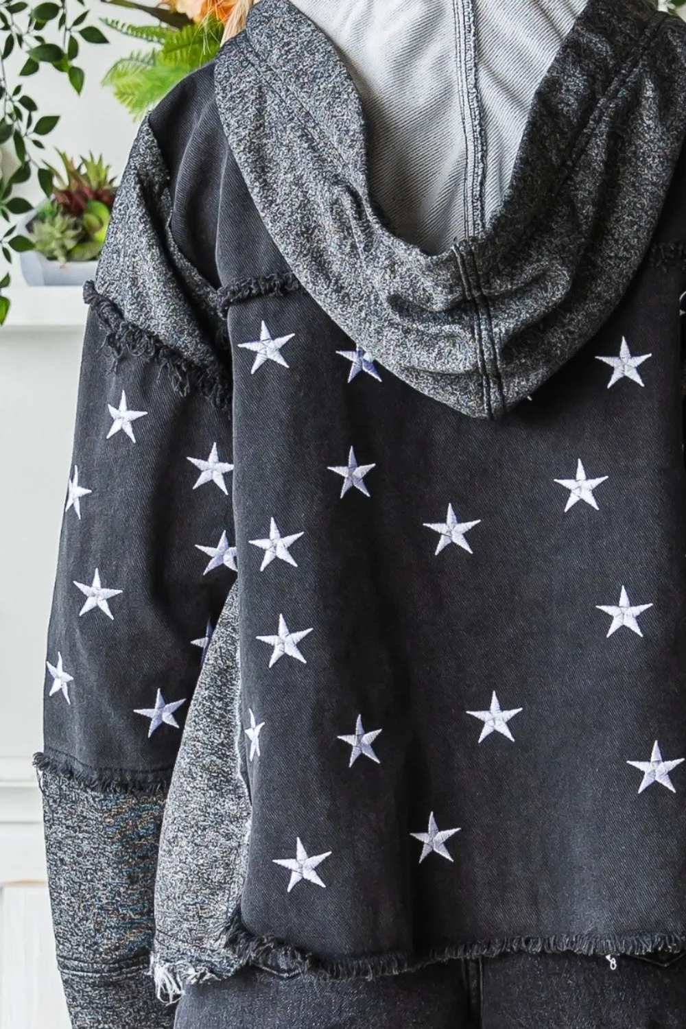 Black Denim Jacket Star Embroidered With Hood 100% Cotton Luxury Women’s Outerwear