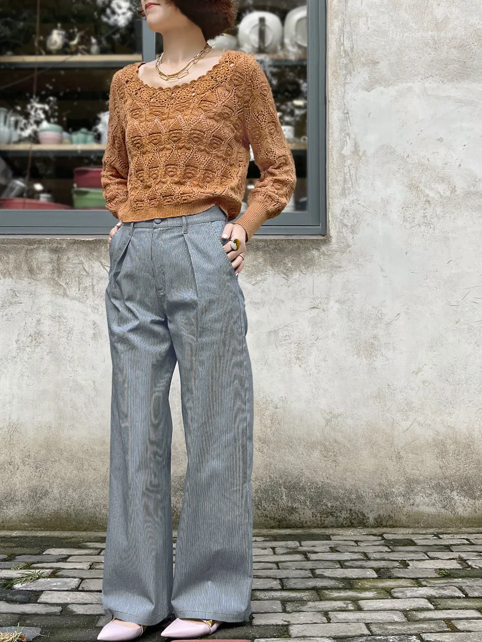 Blue Stripe Wideleg Slouchy Logo Embroidery Trousers