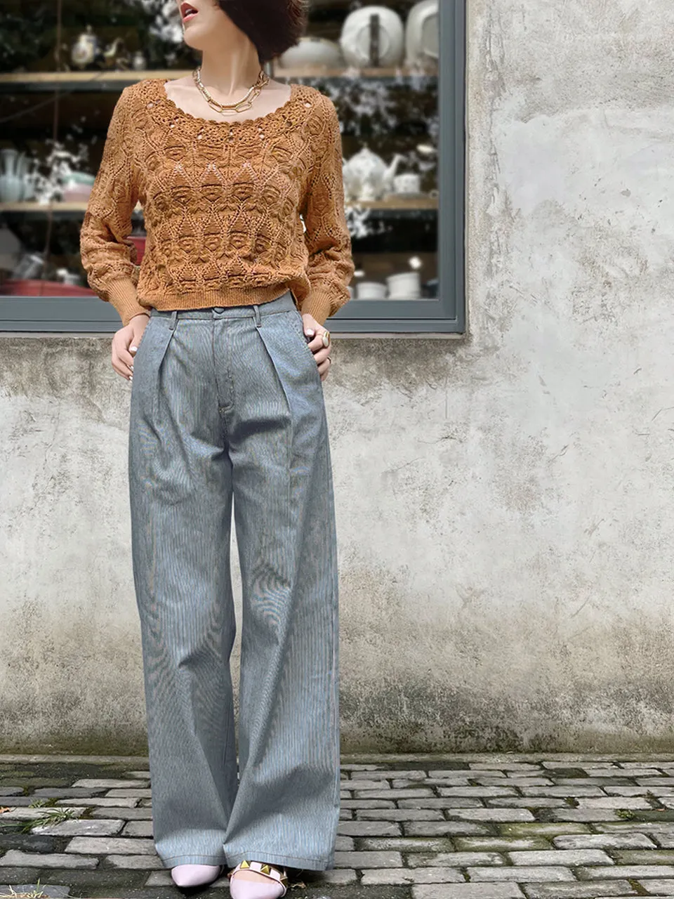 Blue Stripe Wideleg Slouchy Logo Embroidery Trousers