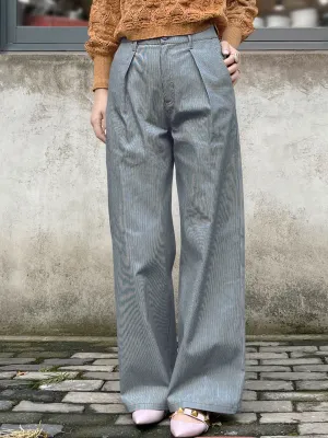 Blue Stripe Wideleg Slouchy Logo Embroidery Trousers