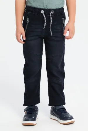 Boys Black Zip Pocket Knit Denim Joggers