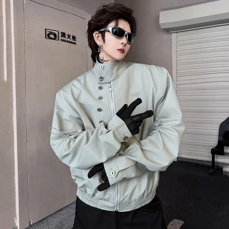 Button Decoration Male Jackets Niche Design Drawstring Stand Collar Men's Short Coats Personality Spring Fashion 9C4224