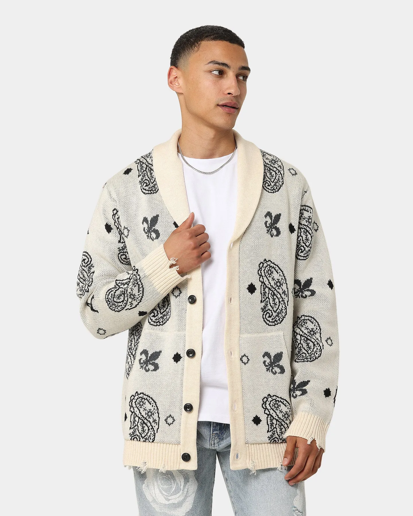 Carre Bandana Distressed Cardigan Off White