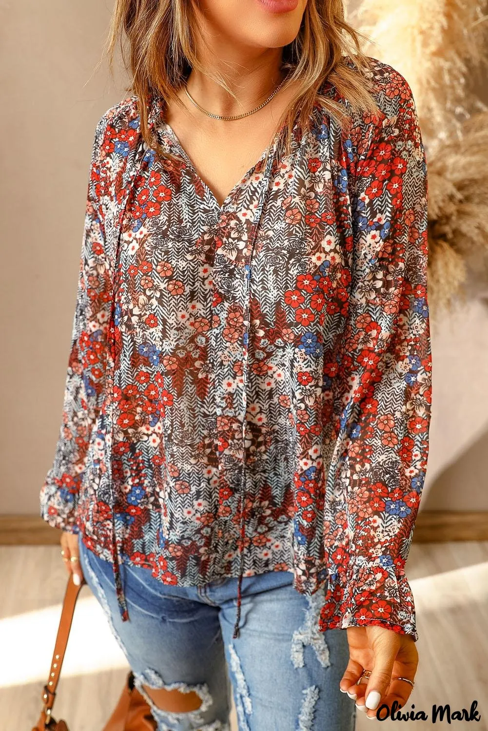 Deanwangkt - Multicolor Floral Print Drawstring Long Sleeve Blouse