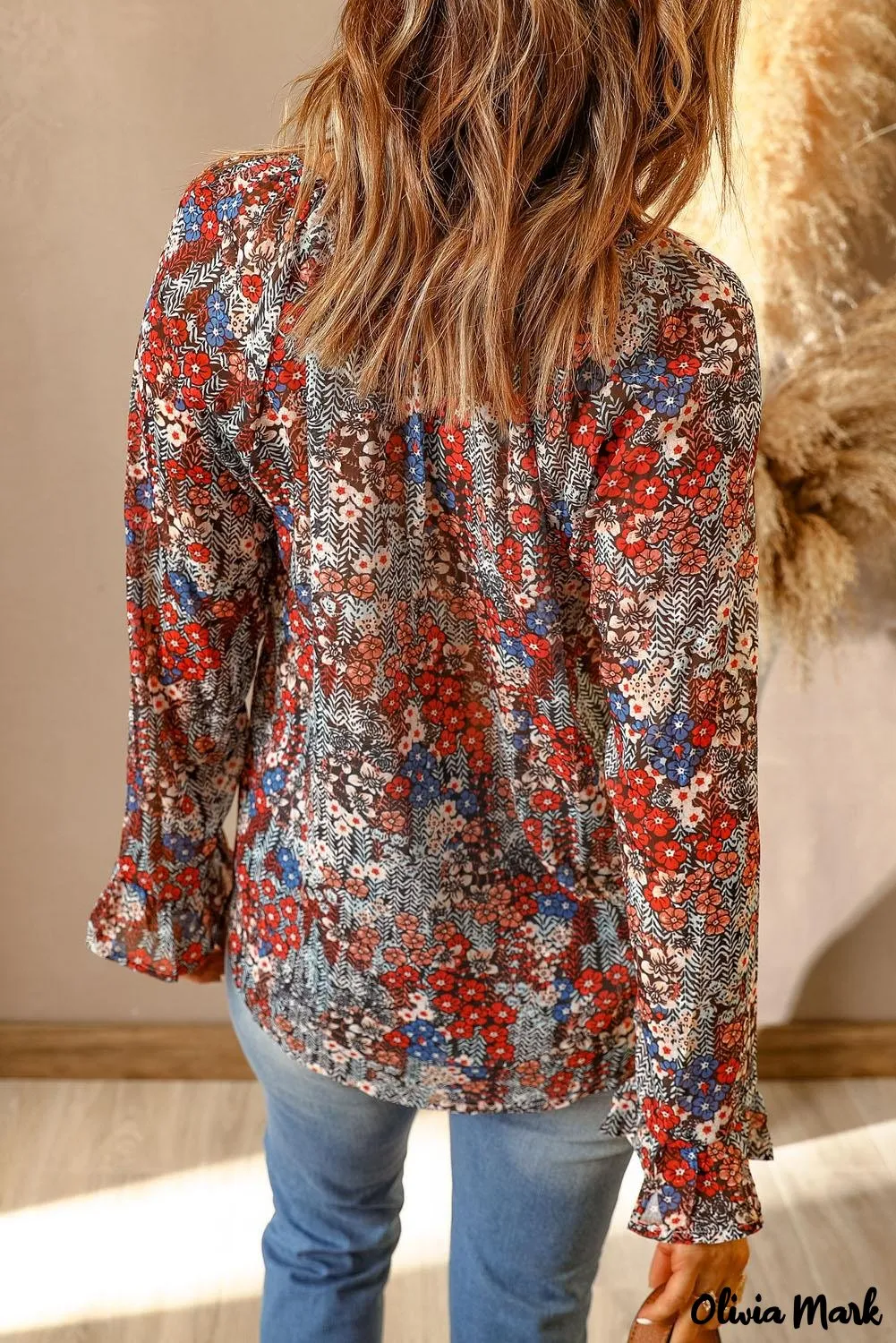 Deanwangkt - Multicolor Floral Print Drawstring Long Sleeve Blouse