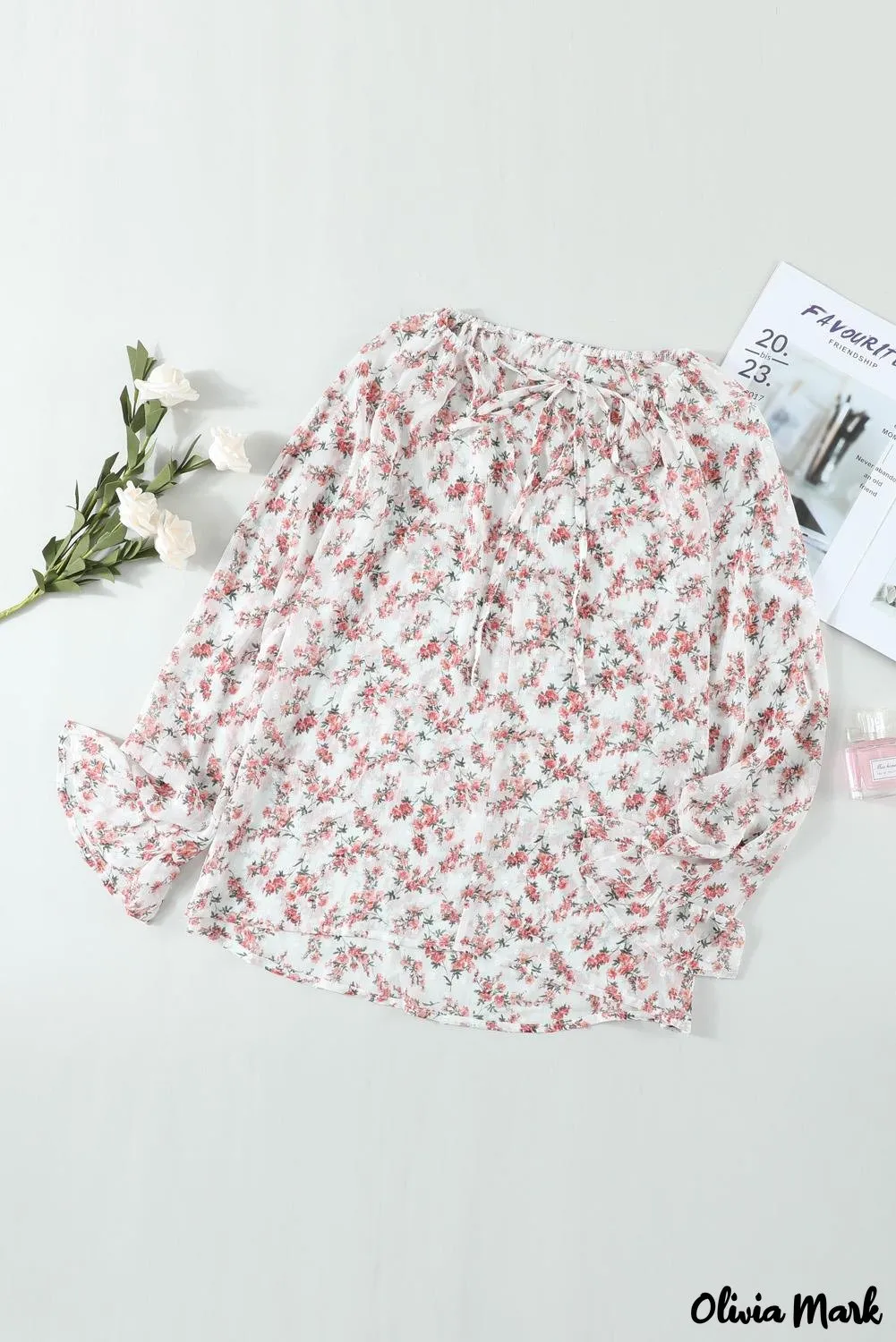 Deanwangkt - Multicolor Floral Print Drawstring Long Sleeve Blouse