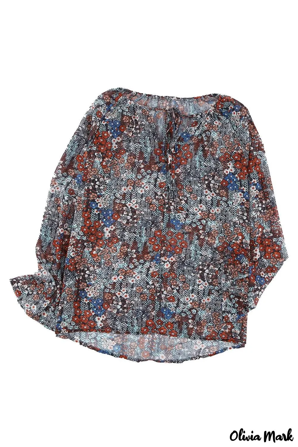 Deanwangkt - Multicolor Floral Print Drawstring Long Sleeve Blouse