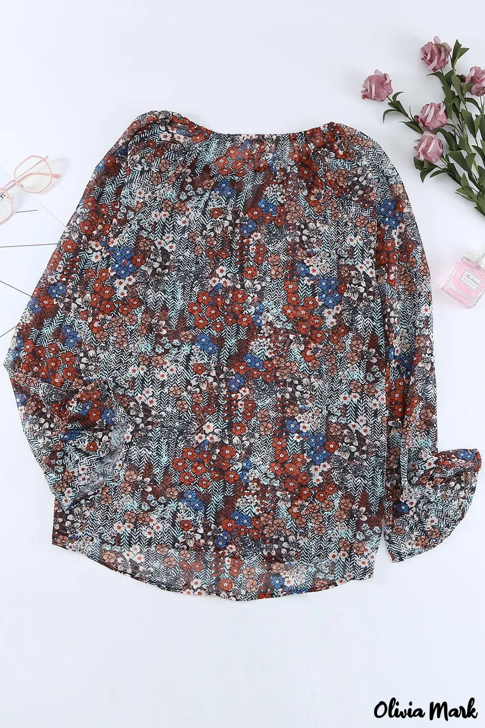 Deanwangkt - Multicolor Floral Print Drawstring Long Sleeve Blouse