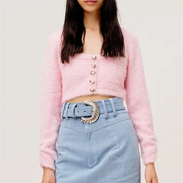 DressBetty - Women's Sweet Pink Fluffy Low Crew Neck Knitted Short Sweater