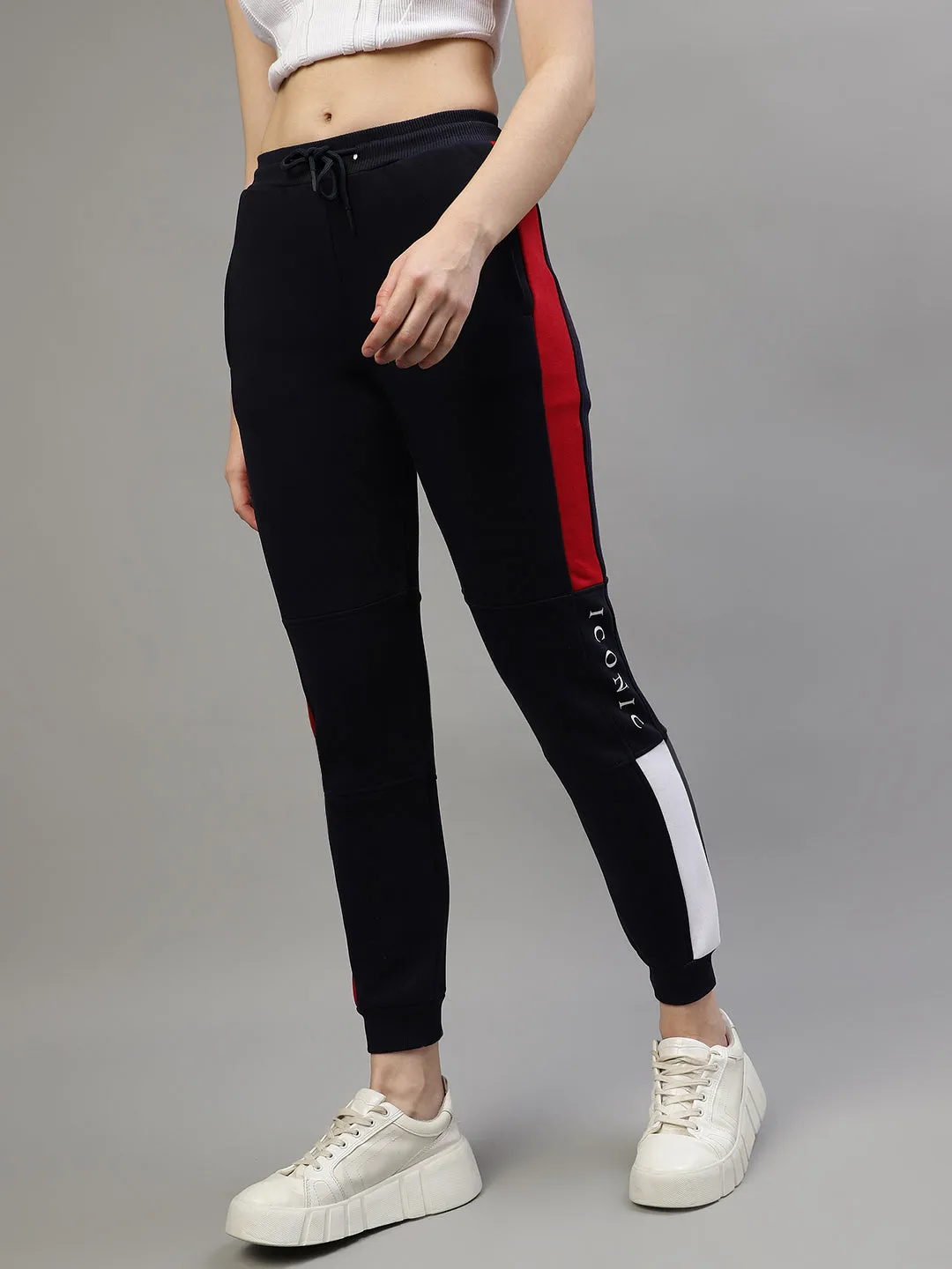 Iconic Women Navy Colorblocked Regular Fit Joggers Trackpants