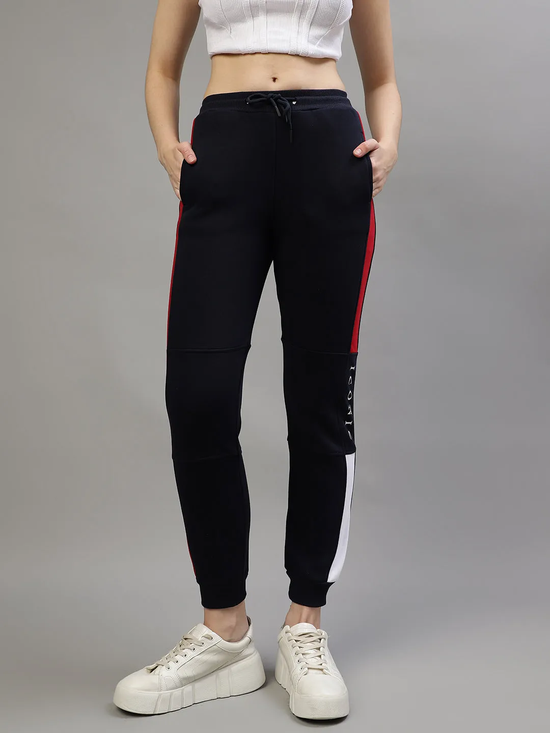 Iconic Women Navy Colorblocked Regular Fit Joggers Trackpants