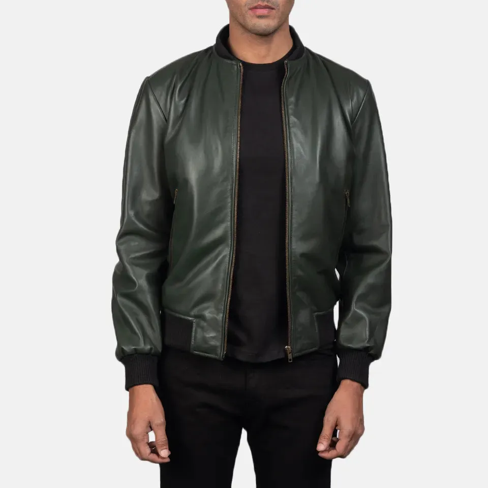 Mens Olive Green Leather Bomber Jacket