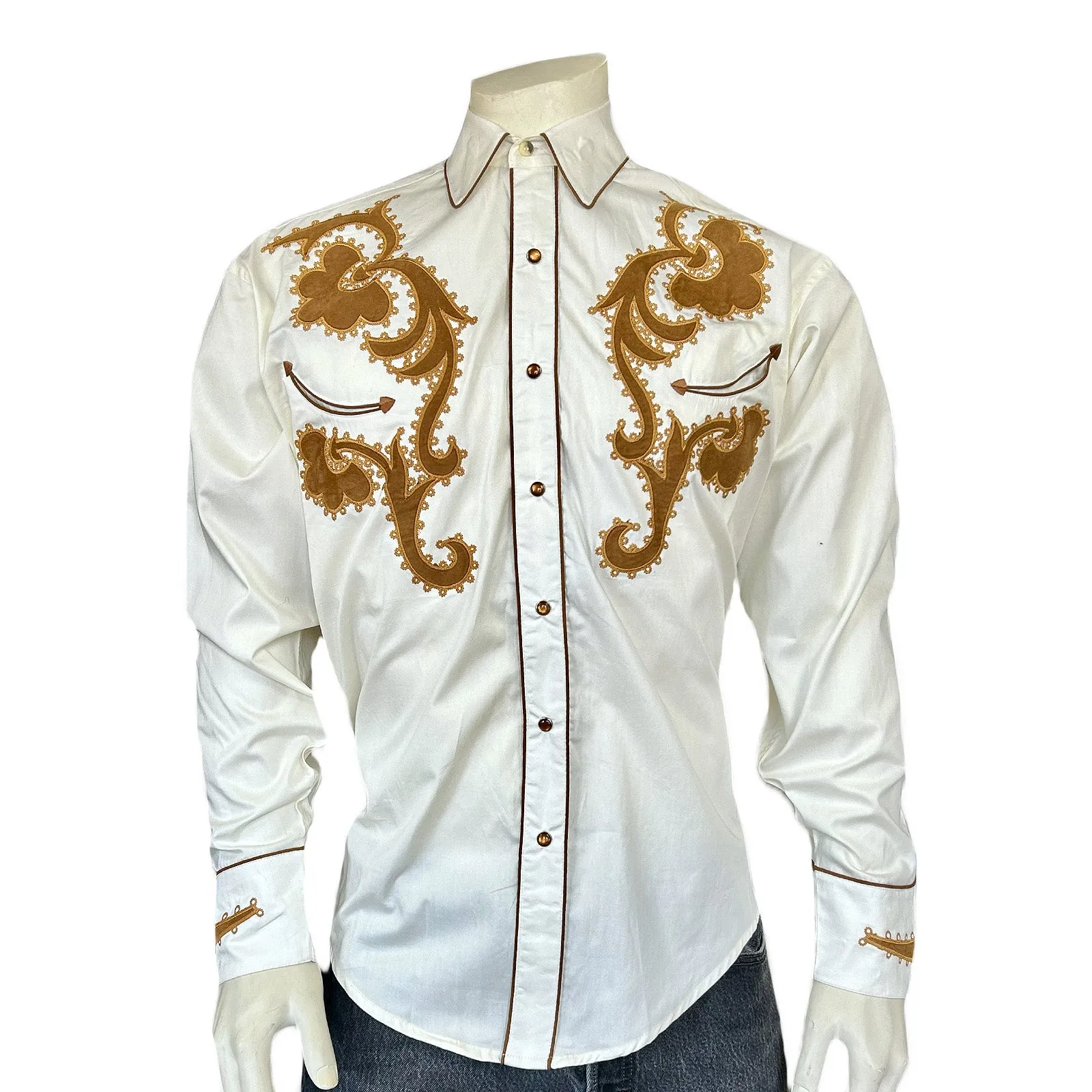 Men's Vintage Chamois & Embroidery Western Shirt in Ivory