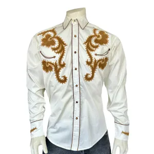 Men's Vintage Chamois & Embroidery Western Shirt in Ivory