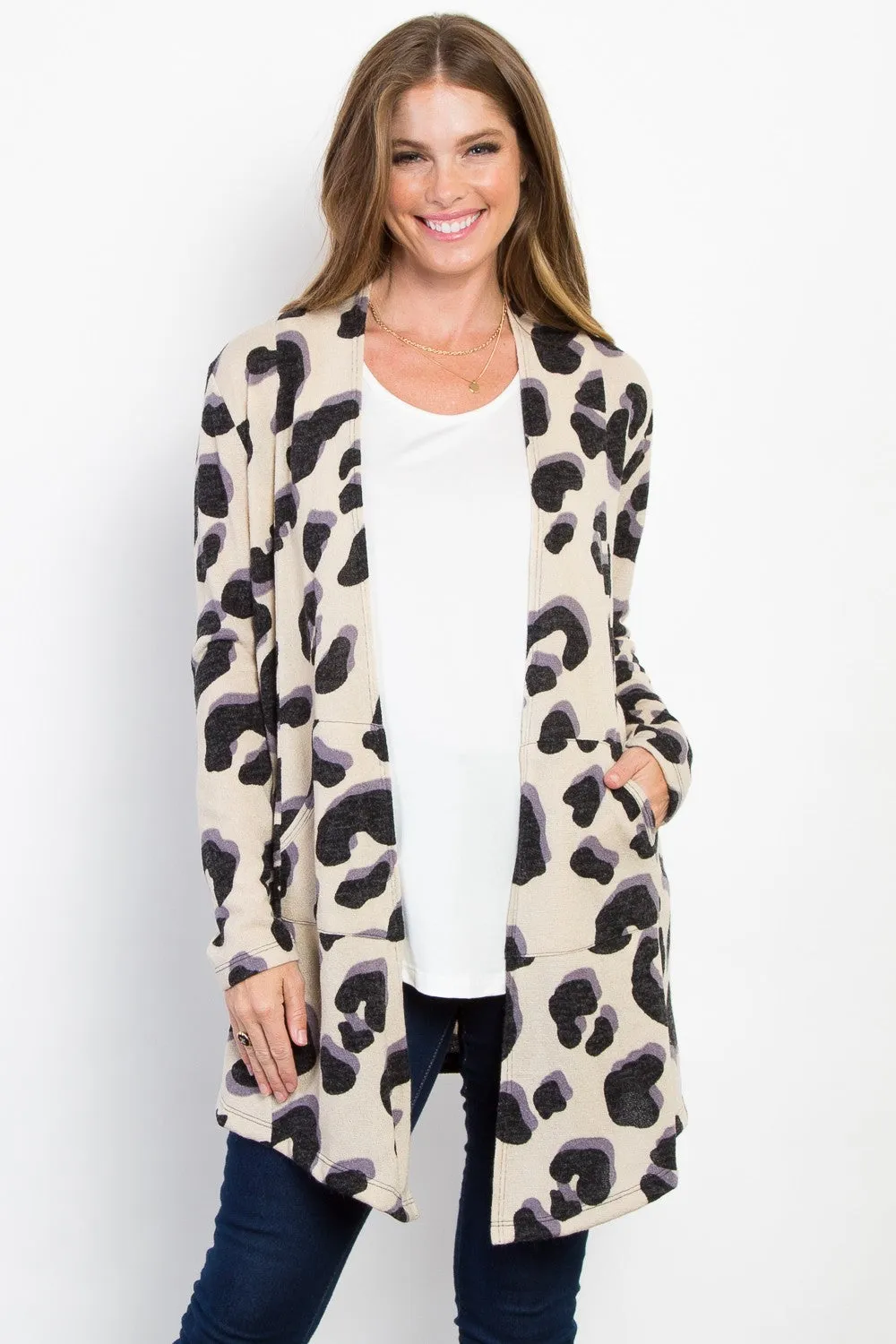 Printed Open Front Knit Cardigan with Pockets