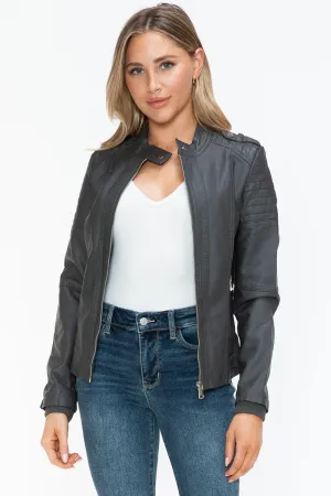 PU Leather Biker Jacket with Side Zip Pockets