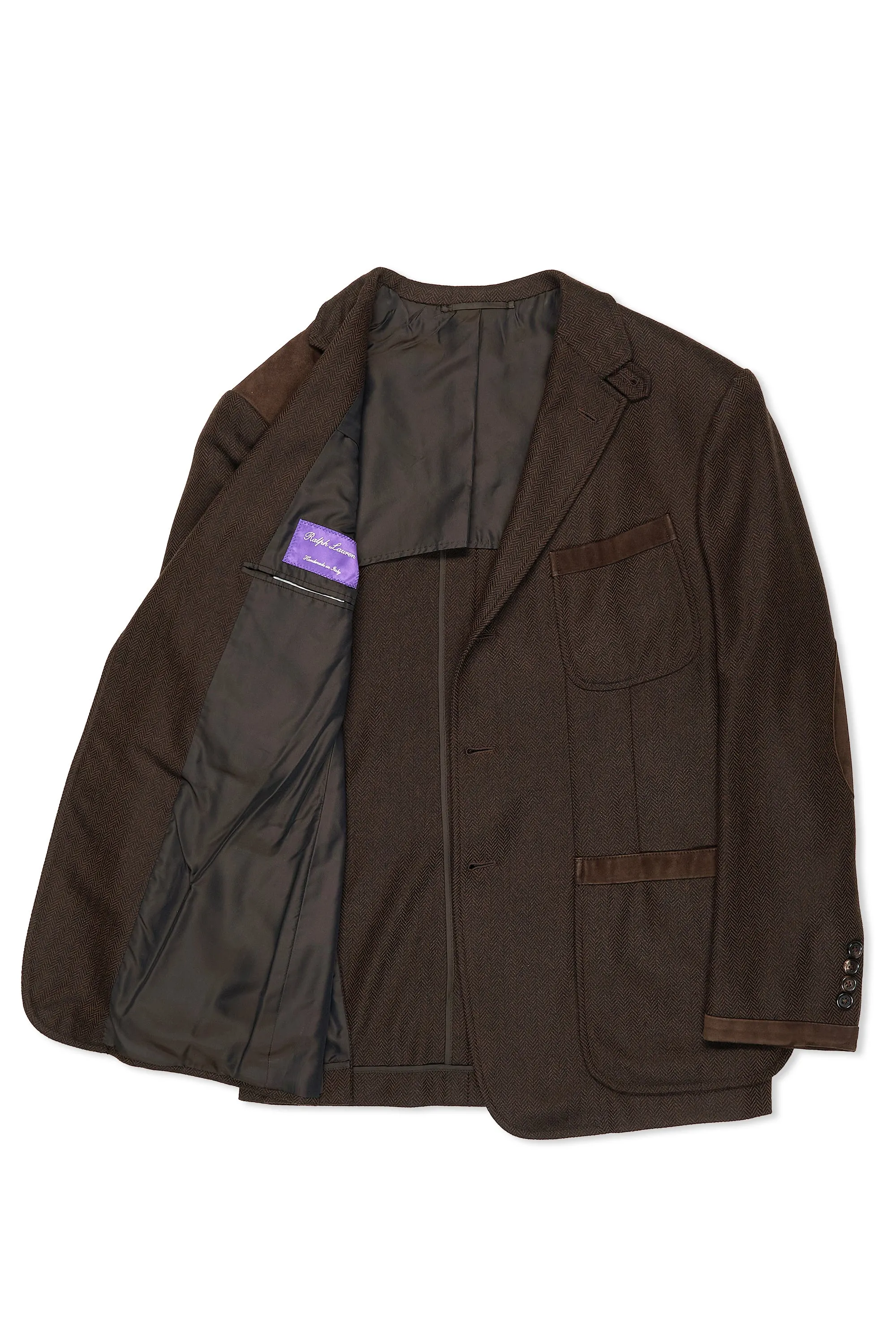 Ralph Lauren Purple Label Dark Brown Herringbone Cashmere Sport Coat with Suede Detail