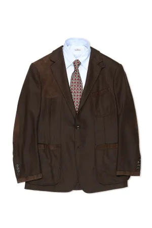 Ralph Lauren Purple Label Dark Brown Herringbone Cashmere Sport Coat with Suede Detail