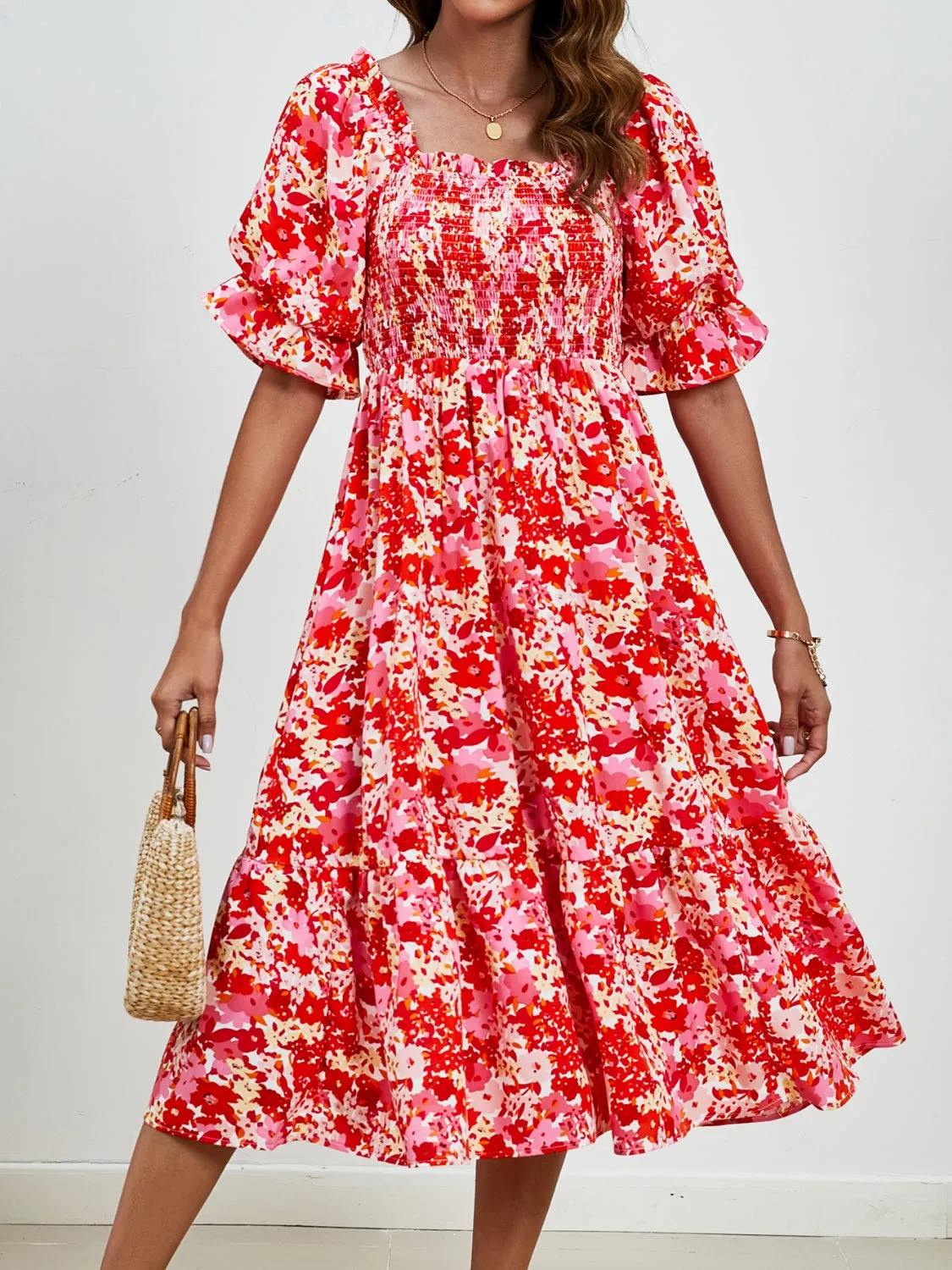 Smocked Floral Square Neck Short Sleeve Dress