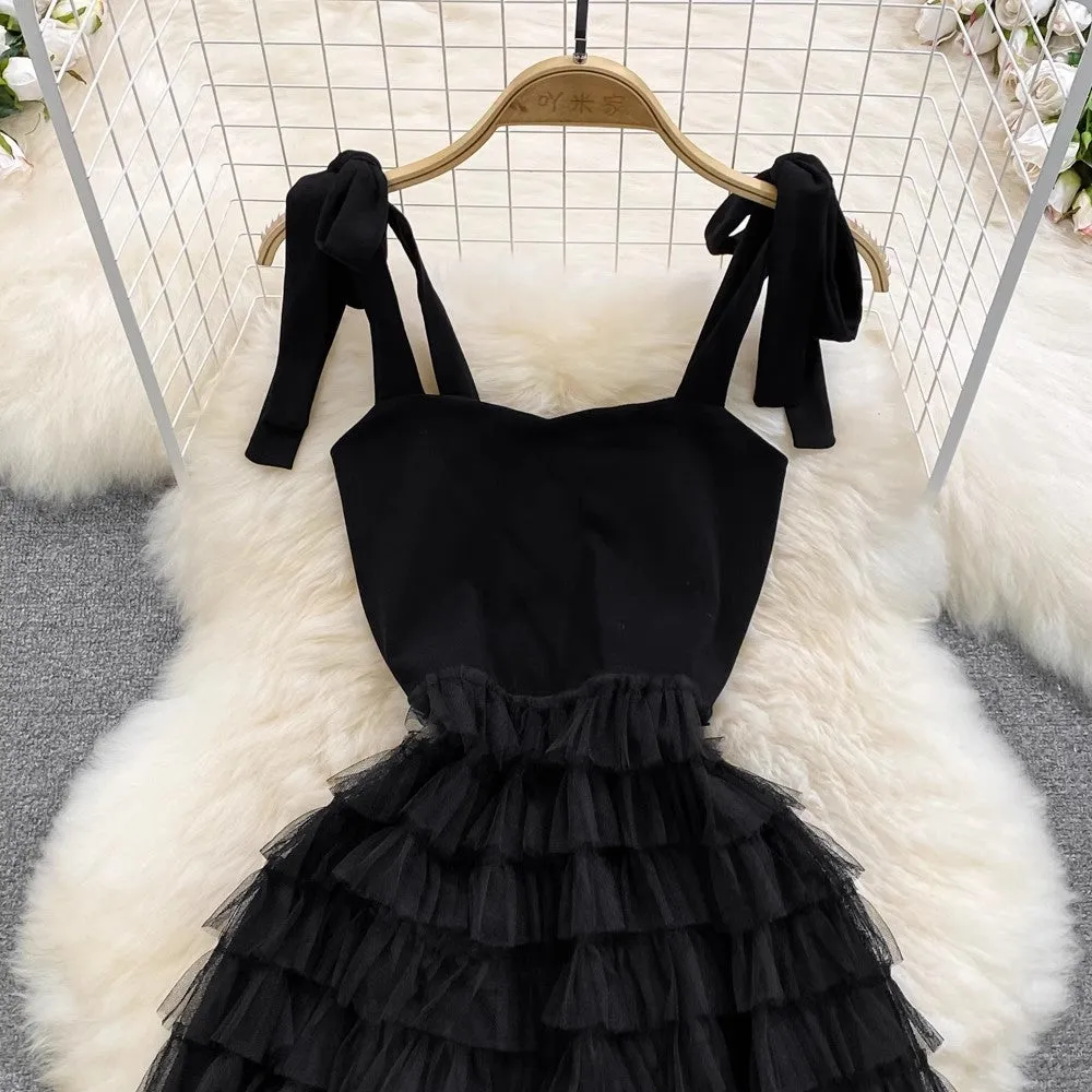 Stylish bow long suspender skirt A-line mesh cake dress     S4279