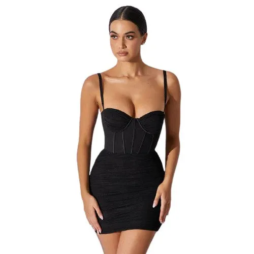 Stylish Mesh Mini Notched Waist Ruched Mini Bodycon Dresses For Women