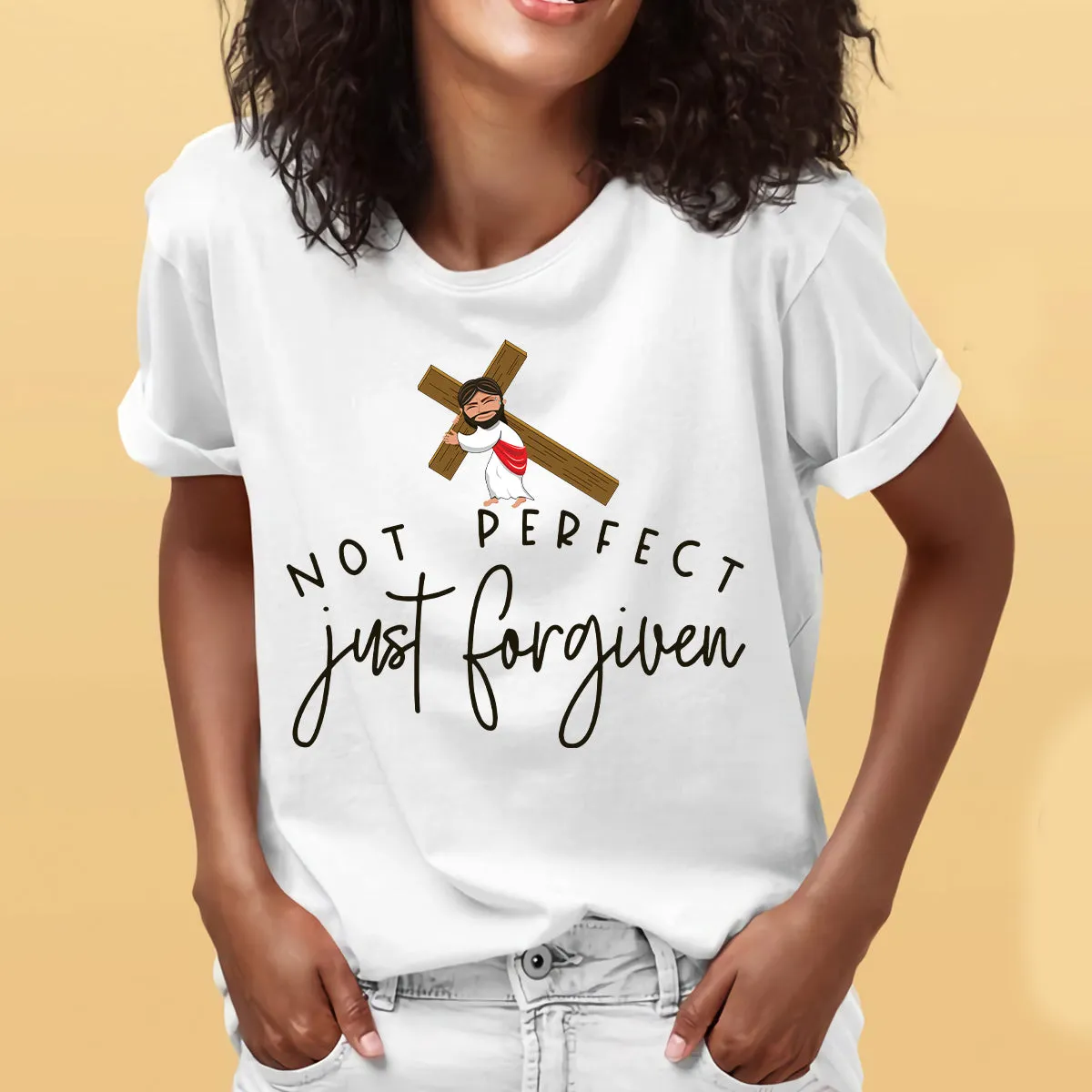 Teesdily | Jesus Hanging Cross Graphic Shirts Not Perfect Just Forgiven Shirts For Women Basic Tees God Bible Verse Cute Gift For Christian