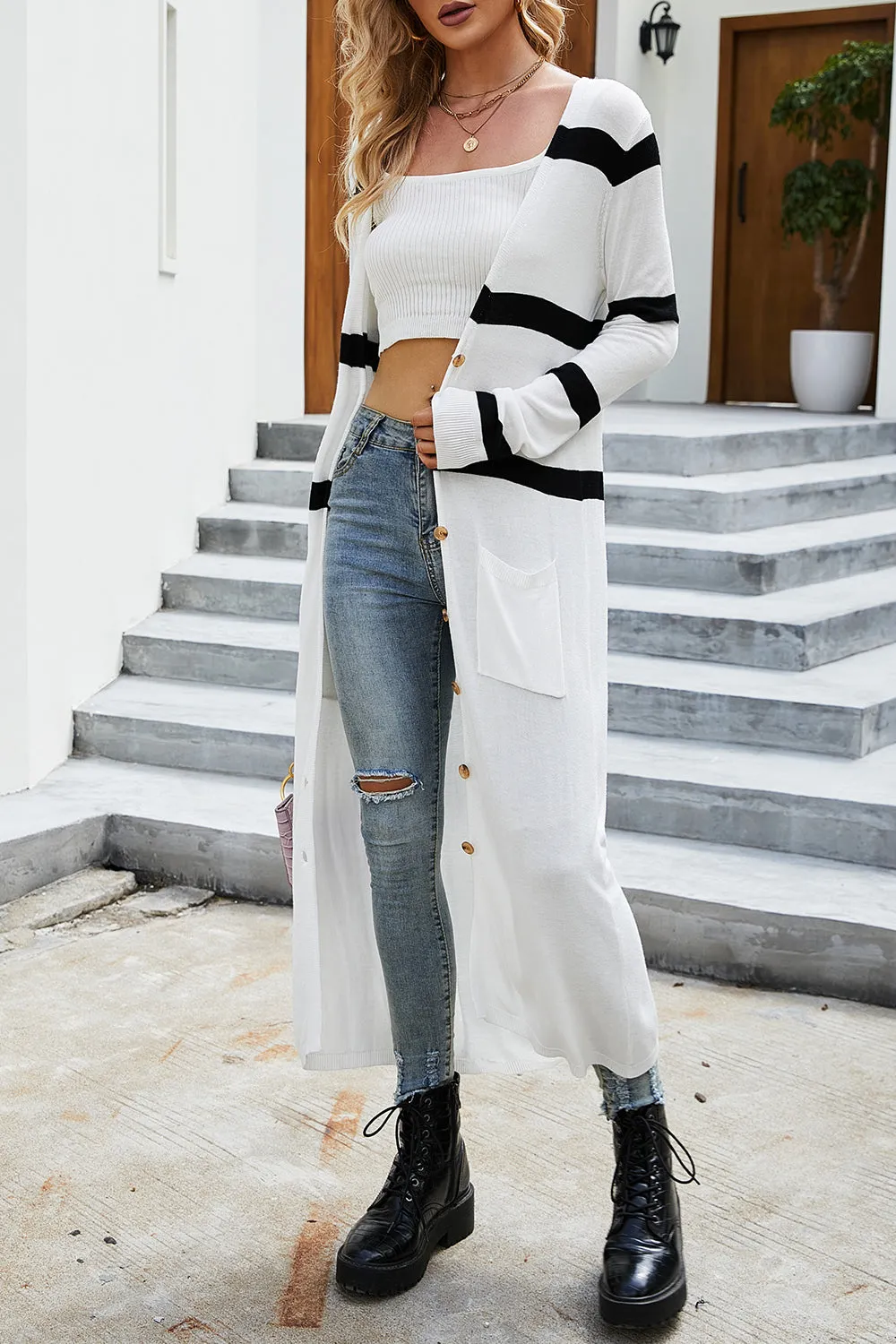 White and Black Striped Button Up Maxi Cardigan with Pockets