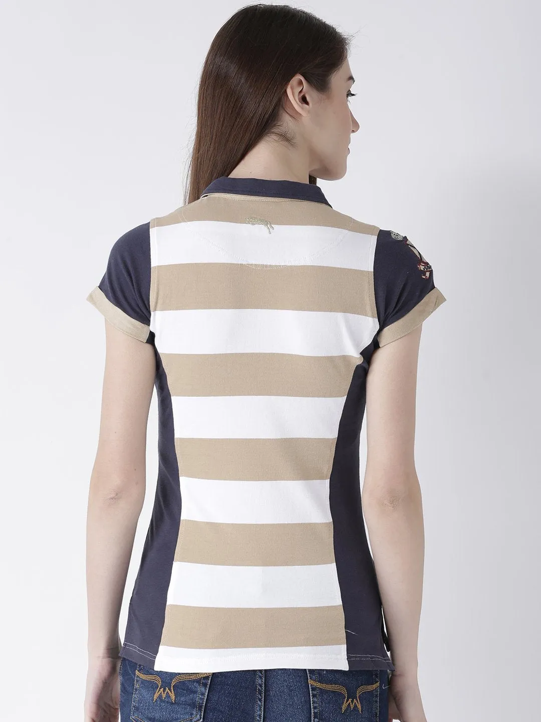 Women Beige Striped Polo Collar T-shirt