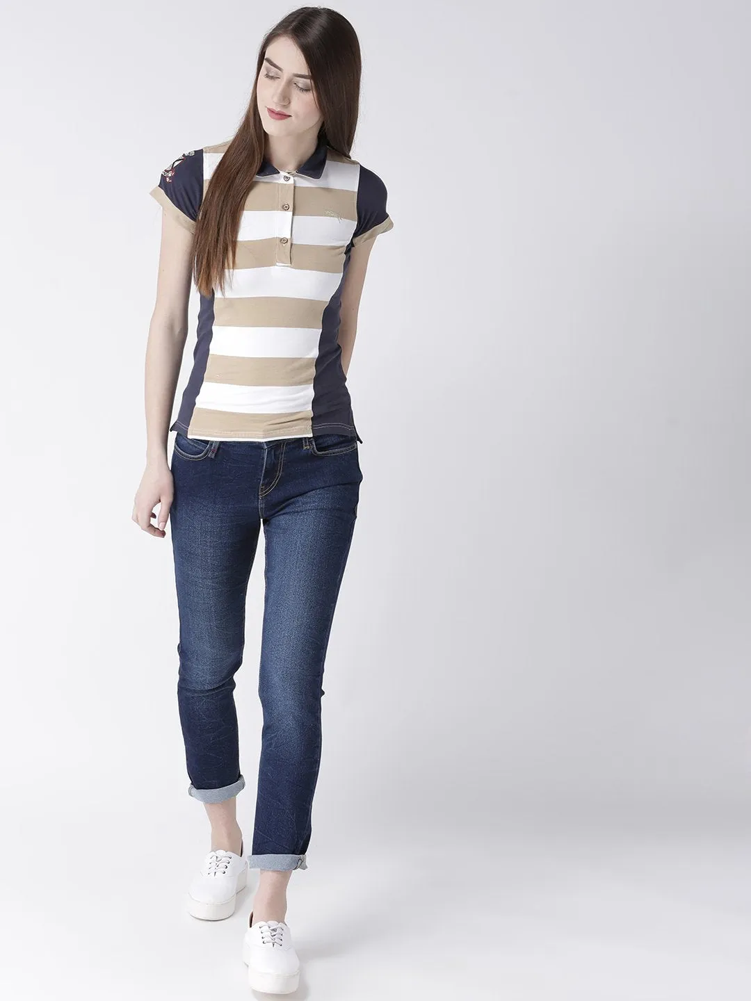 Women Beige Striped Polo Collar T-shirt