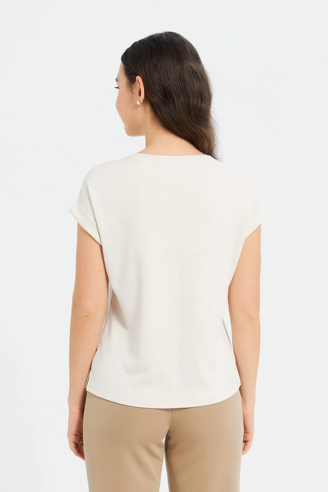 Women Beige Trim Detailed Jersey Top