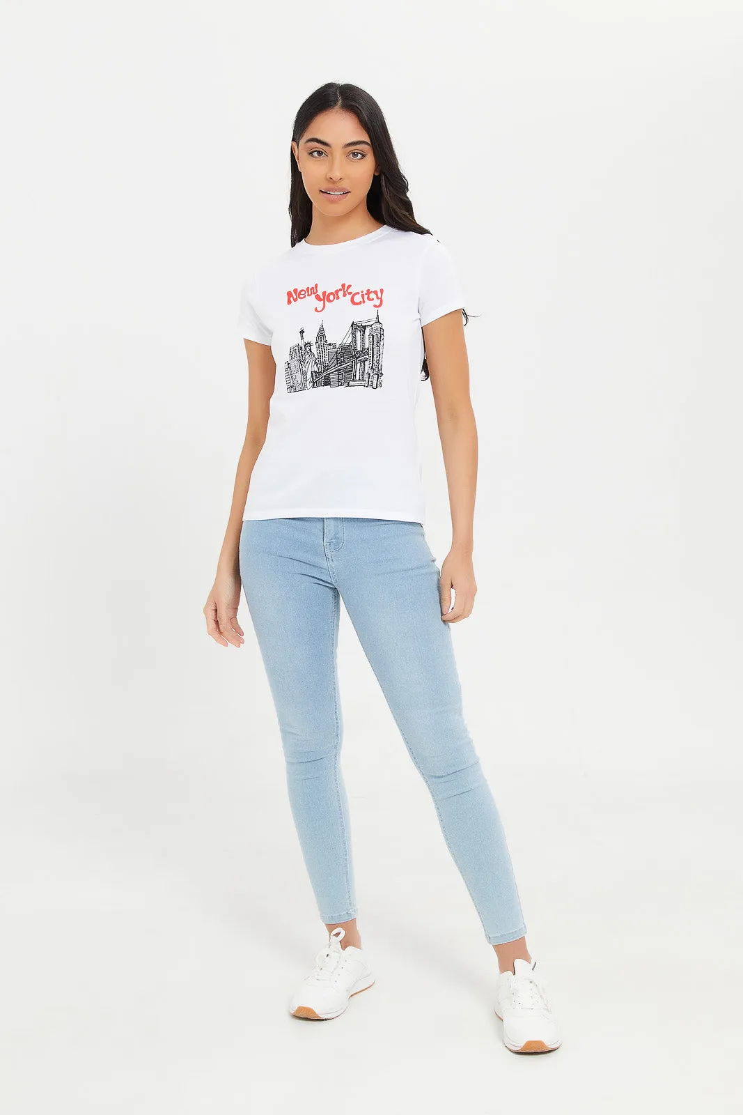 Women White NYC Printed T-Shirt