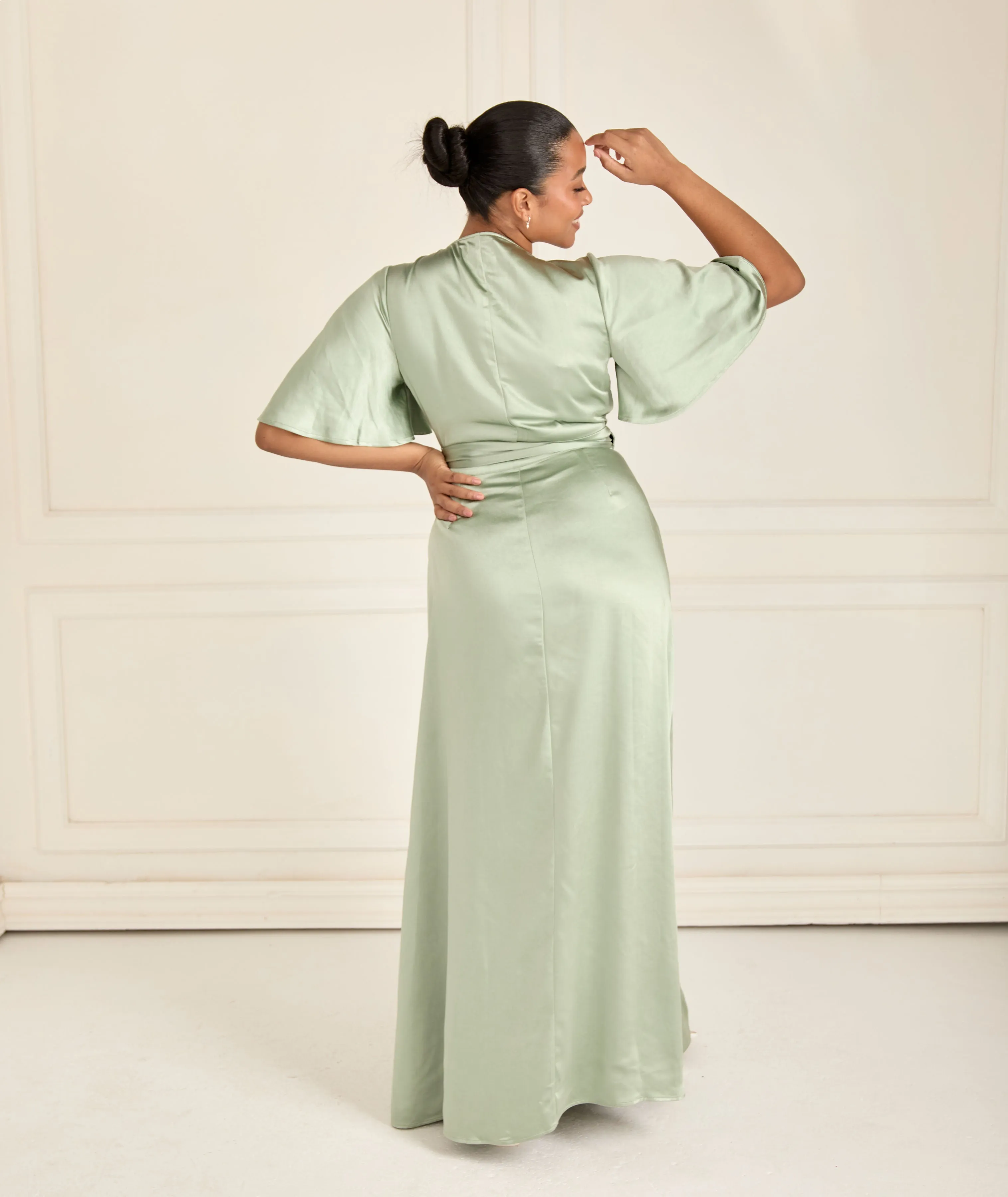 Wrap Tie Satin Bridesmaid Dress - Sage