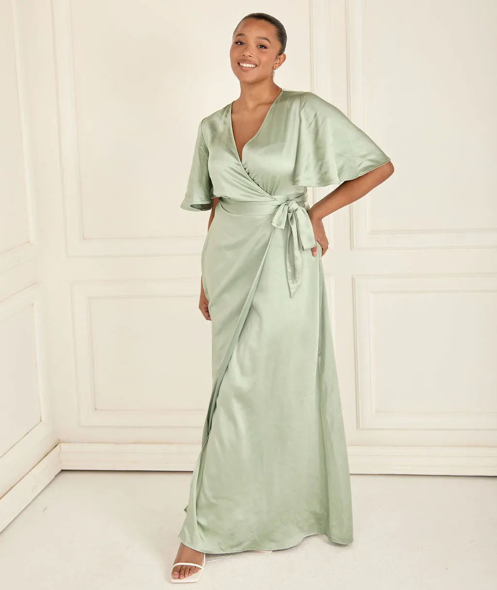 Wrap Tie Satin Bridesmaid Dress - Sage