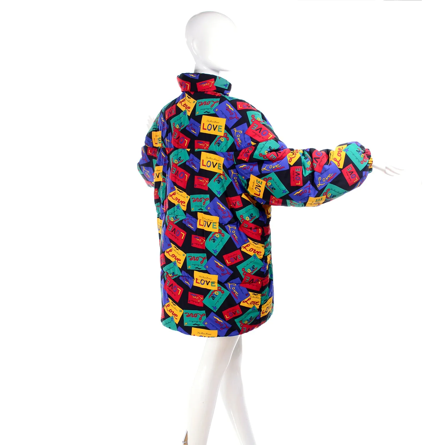 Yves Saint Laurent Reversible Puffer Coat Black/Colorful Love Cards Print