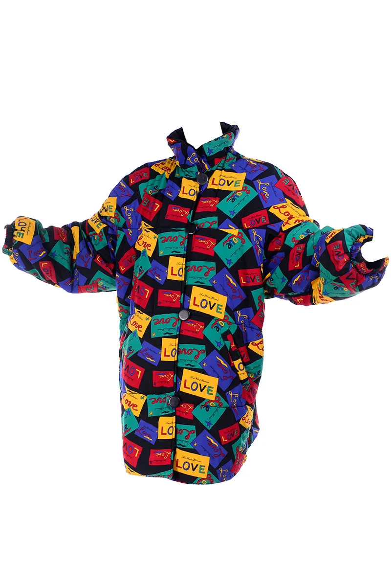 Yves Saint Laurent Reversible Puffer Coat Black/Colorful Love Cards Print