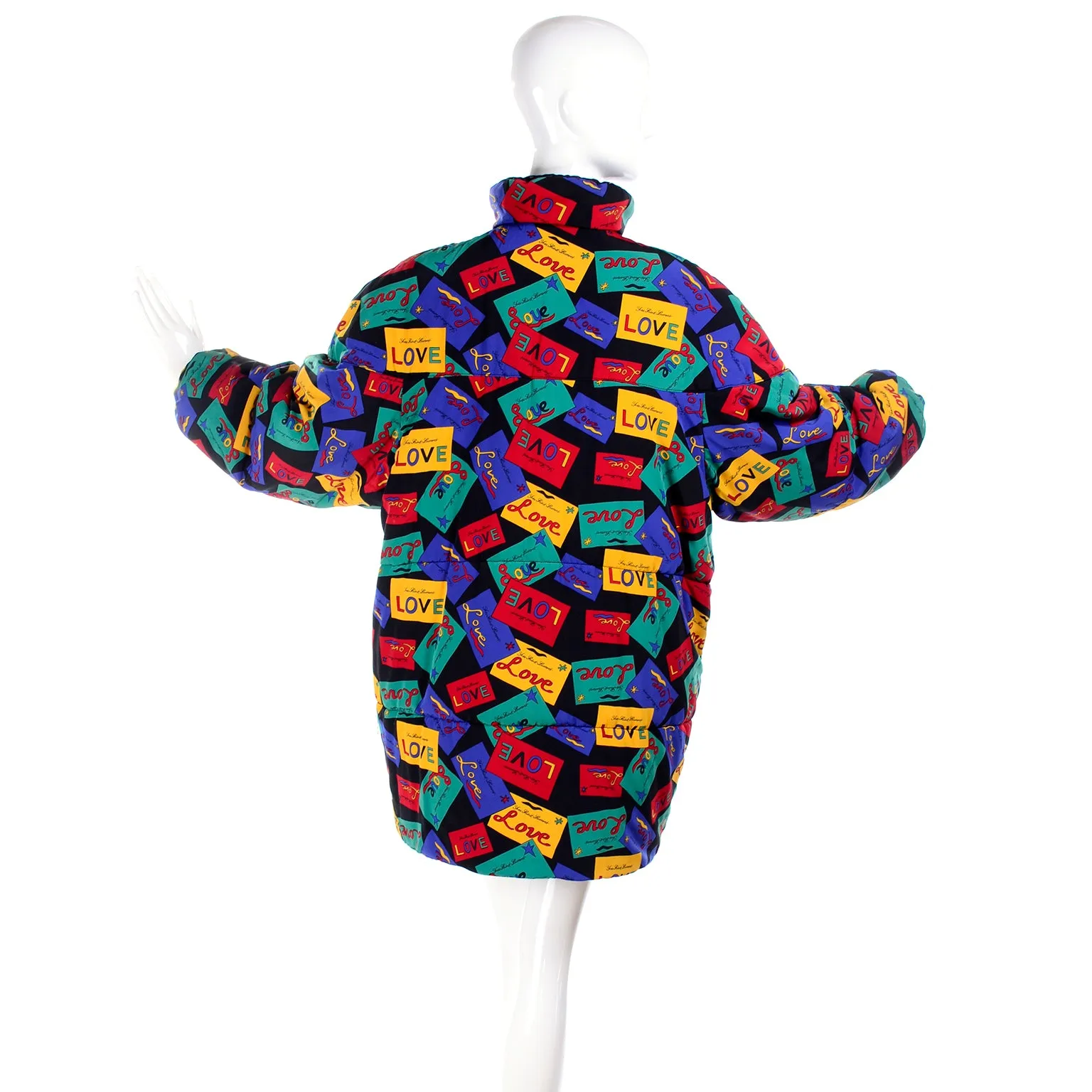 Yves Saint Laurent Reversible Puffer Coat Black/Colorful Love Cards Print